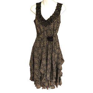RB Collection black & Tan sleeveless dress Rosette neckline layered hemline sz.
